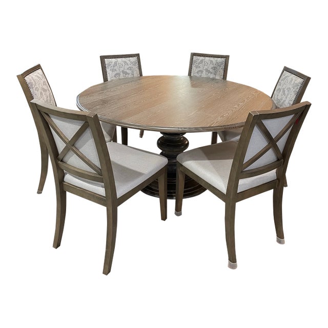 Bassett Furniture Gray Oak Round Pedestal Dining Set With Six Upholstered Chairs For Sale