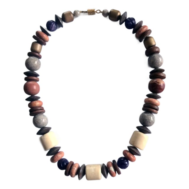 Vintage Wood, Lucite and Stone Necklace For Sale