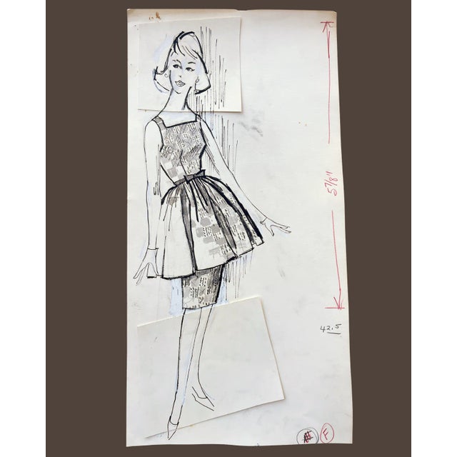 Paper Mid-Century Fashion Illustration Sketch, 1960 — Original Advertising Magazine Art For Sale - Image 7 of 7