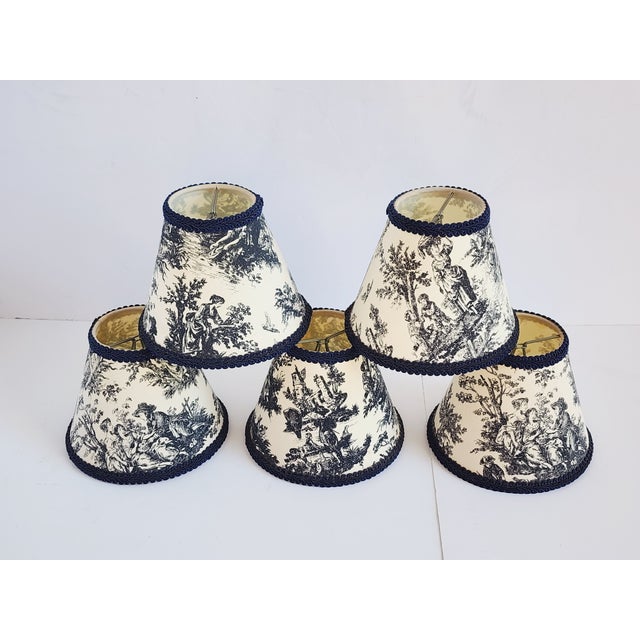French Provincial French Toile Black and White Chandelier Shades - Set of 5 For Sale - Image 3 of 12