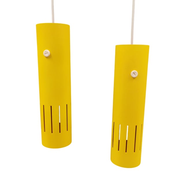 Yellow Trombone Pendants from Lyskaer Belysning, Denmark, 1980s, Set of 2 For Sale