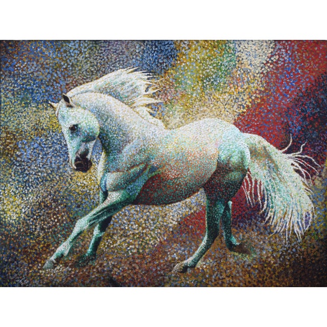 Large, colorful pointilist painting of a running horse with a rainbow colored background. Oil on canvas presented in...