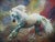 Large, colorful pointilist painting of a running horse with a rainbow colored background. Oil on canvas presented in...