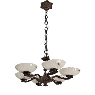 Art Deco Bronze Chandelier with Six Alabaster Lampshades, Made in Italy in the 1950s/1960s. For Sale