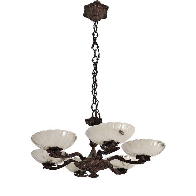 Art Deco Bronze Chandelier with Six Alabaster Lampshades, Made in Italy in the 1950s/1960s. For Sale