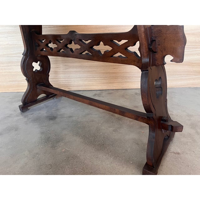 19th Pair of Solid Walnut Baroque Lyre-Leg Trestle Nightstands With Drawer For Sale - Image 11 of 11