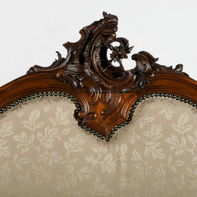 Wood Antique Rococo Carved Wood Hall Bench With Upholstered Back and Seat For Sale - Image 7 of 8