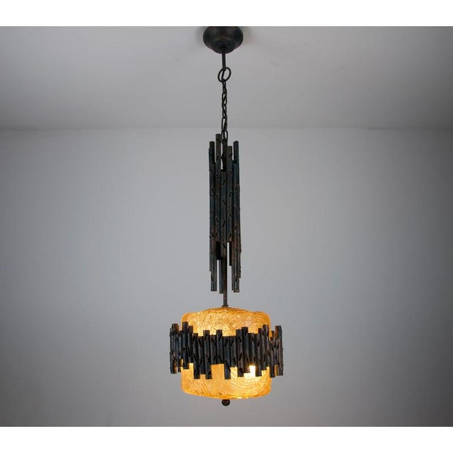 Metal Brutalist Metal and Textured Amber Glass Pendant Lamp, Germany, 1970s For Sale - Image 7 of 12