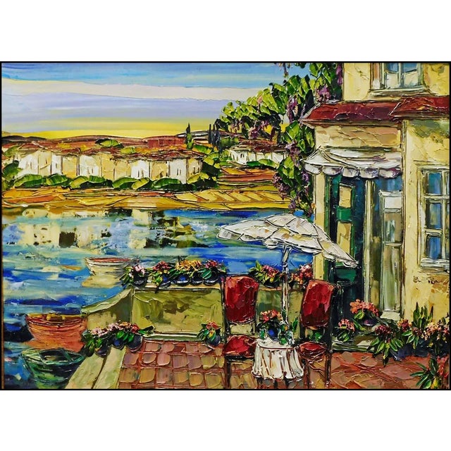 "A Patio Scape" framed Original Acrylic on Canvas by Maya Eventov Hand Signed by the Artist museum mounted, matted and...