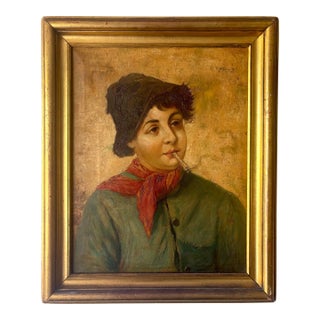 Antique Italian School Oil Portrait of Smoking Boy, Signed, 19th C For Sale