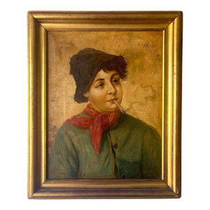 Antique Italian School Oil Portrait of Smoking Boy, Signed, 19th C