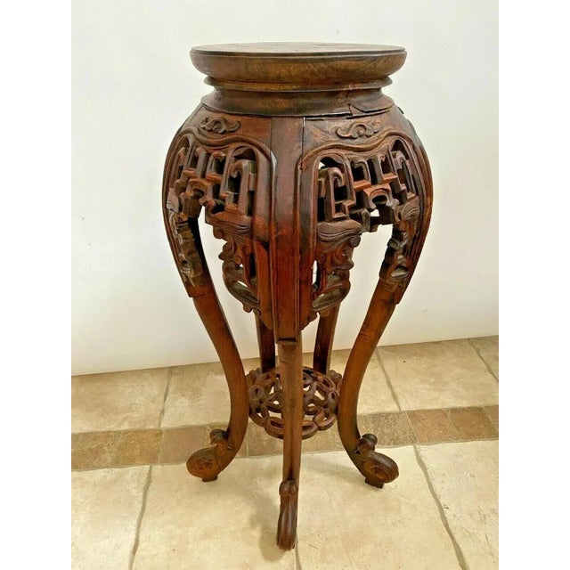 1910s Antique Tall Plant Stand French Polynesian Lattice Carved Display Bottom Shelf For Sale - Image 5 of 10