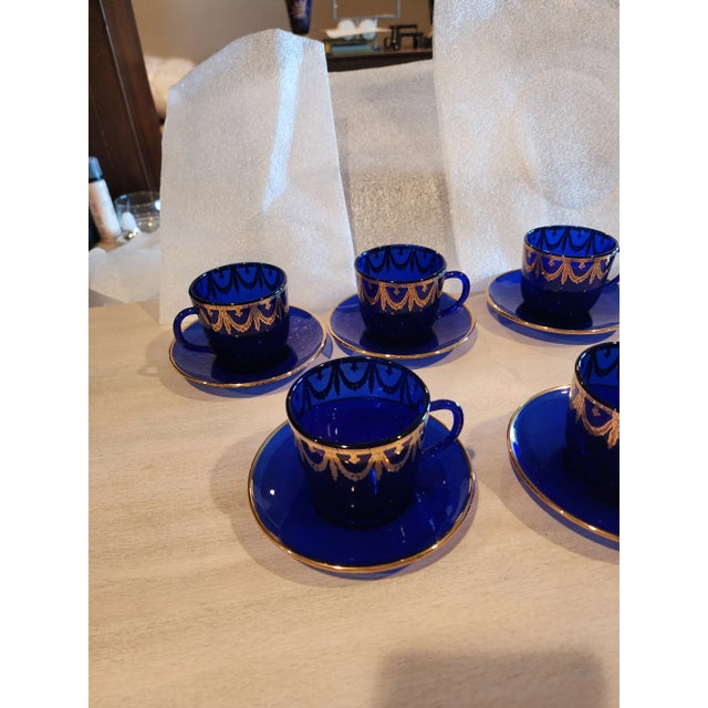 Set of Seven Cobalt Blue Glass Cups and Saucers For Sale - Image 4 of 10