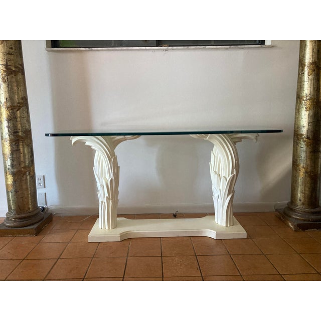 Wood Serge Roche Double Palm Blanc Console With Thick Glass Top For Sale - Image 7 of 9