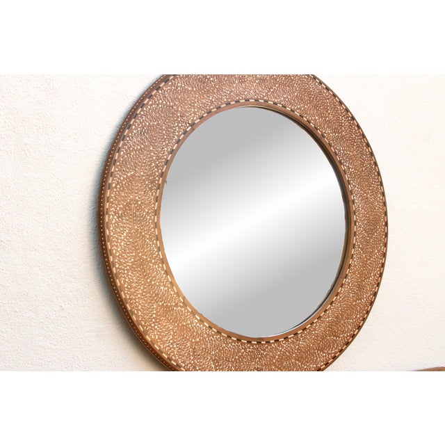 1990s 48" Dm Walnut Finish Round Inlay Mirror For Sale - Image 5 of 8