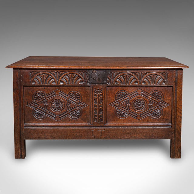 English Large Antique Carved Coffer, English Oak, Blanket Chest, William Iii, Circa 1700 For Sale - Image 3 of 12