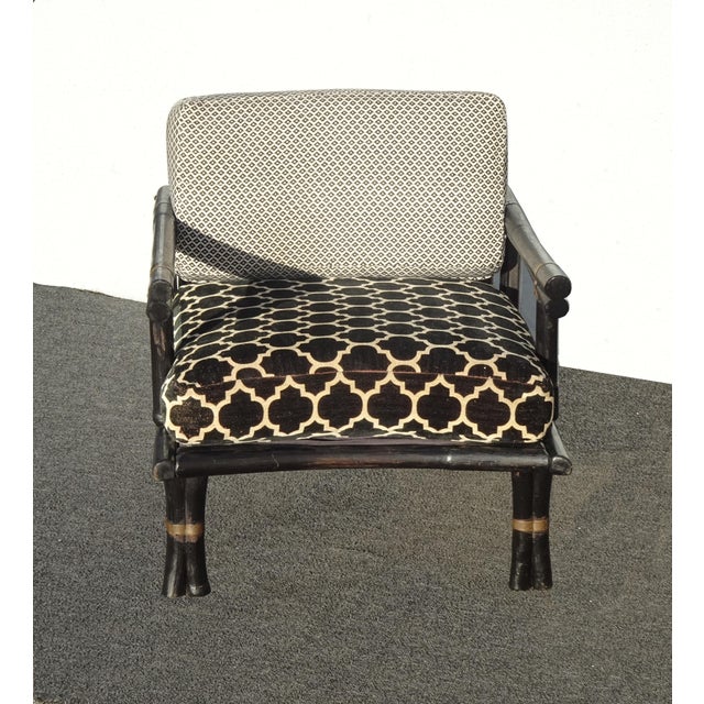 Asian Vintage Chinoiserie Asian Black Lounge Chair With Brass For Sale - Image 3 of 12