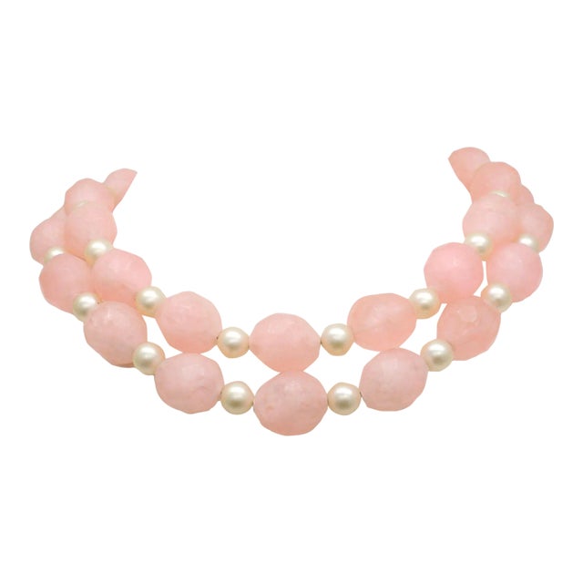 Vintage 1960s Signed Napier 2 Strand Pink Bead & Faux-Pearl Necklace For Sale
