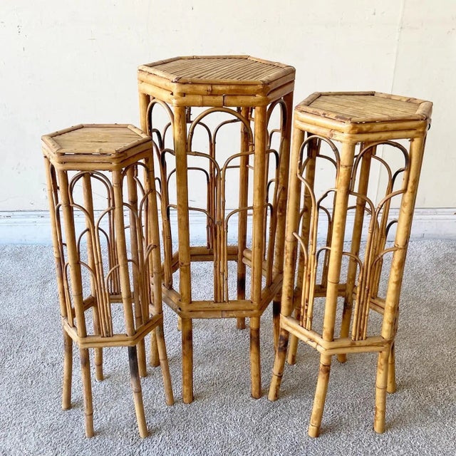 Boho Chic Hexagonal Tortoise Shell Bamboo Nesting Pedestals For Sale - Image 11 of 11