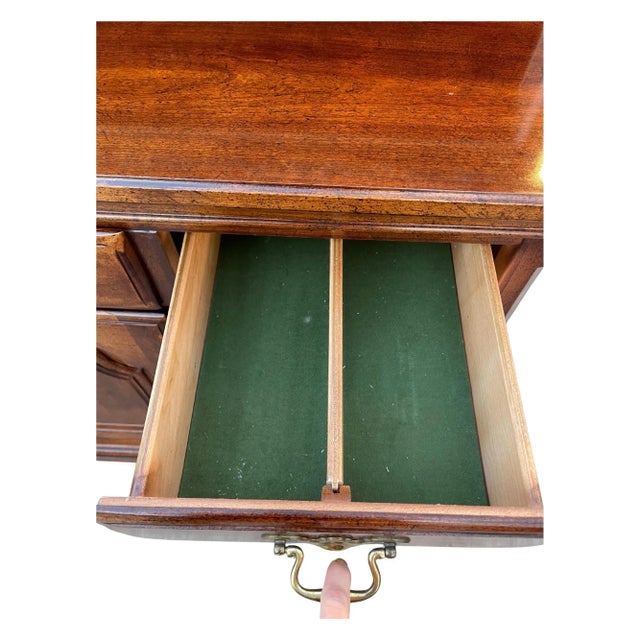 Vintage Cherry Wood Sideboard With Brass Handles and Pulls Linned Drawers For Sale - Image 9 of 12