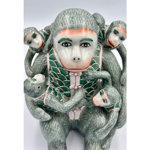 Vintage Chinese Hand Painted Ceramic Monkey With Babies Sculpture Figuring Decor For Sale In Palm Springs - Image 6 of 7