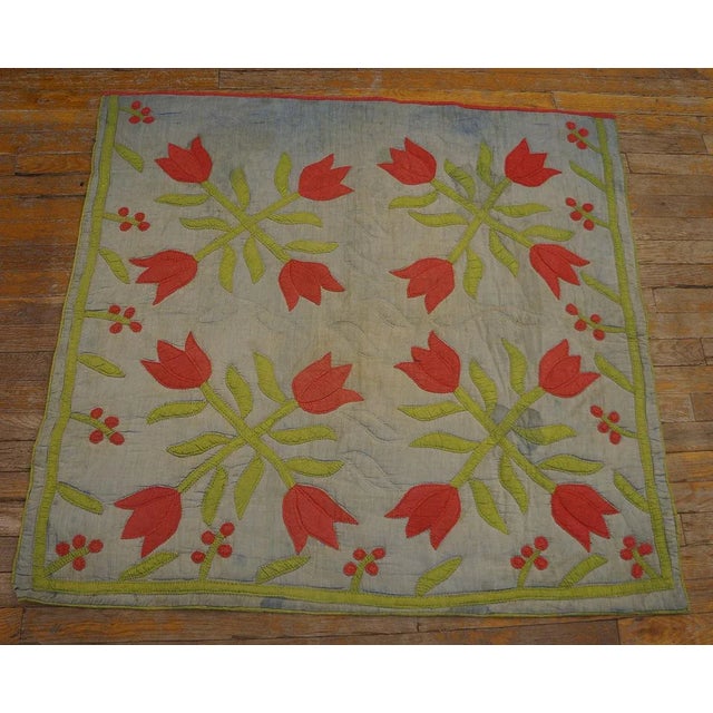 Art Deco 1930s Gray Floral Antique American Amish Quilt Flat Weave Cotton Carpet Rug For Sale - Image 3 of 9