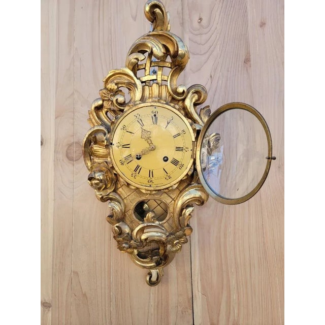 Vintage Swedish Westerstrand Gold Rococo Carved Cartouche Wall Clock For Sale - Image 4 of 9