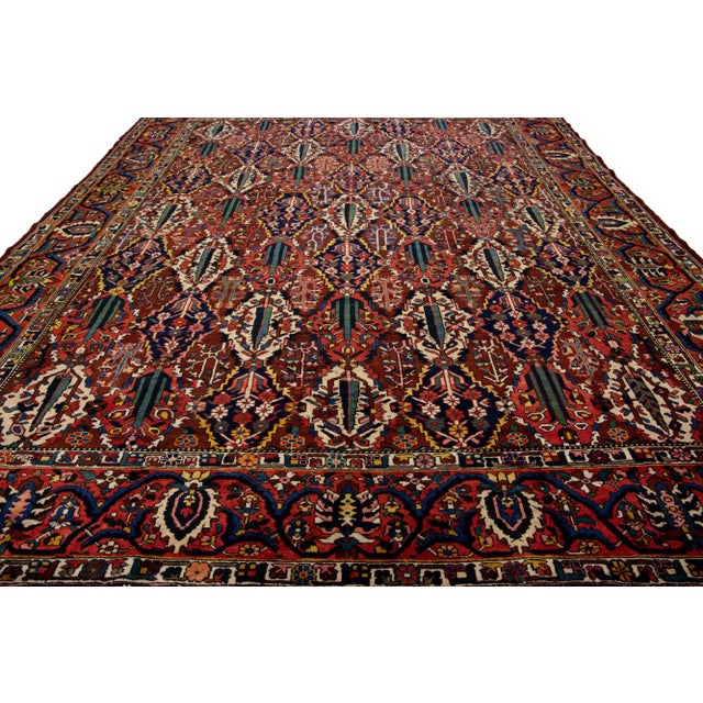 Persian Allover Handmade Antique Persian Bakhtiari Red Wool Rug For Sale - Image 3 of 8