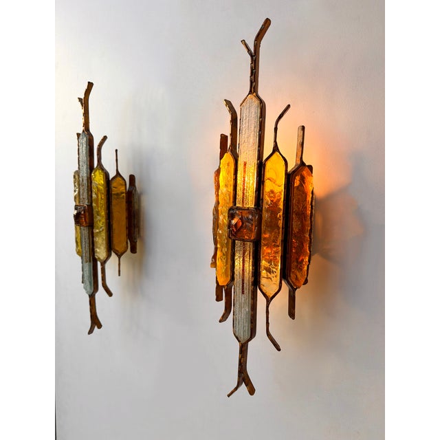 Pair of Mid-Century Modern wall lamps light lighting sconces amber and yellow hammered glass and wrought iron with gilt...