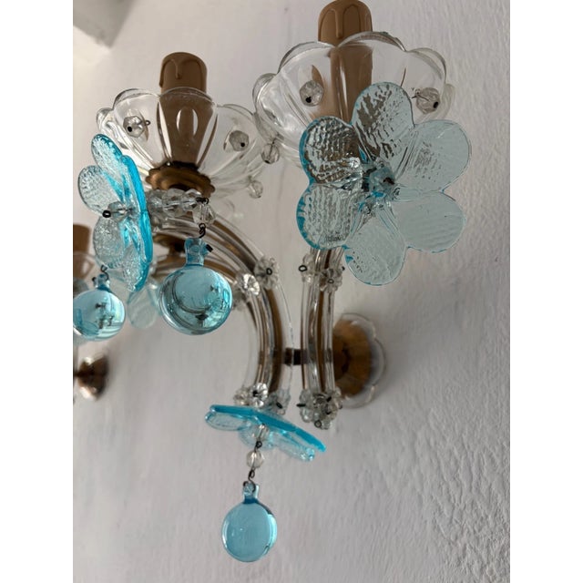 1930s C 1930 Rare Pair Aqua Blue 3 Lights Murano Flowers Crystal Sconces One of Kind For Sale - Image 5 of 12