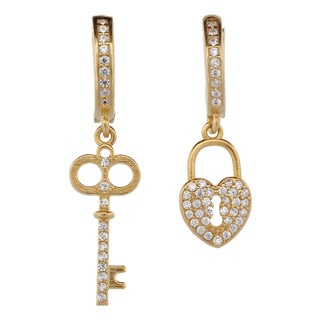 My Heart Is Yours Key & Heart Lock Gold Plated Diamond Earrings, A Pair For Sale