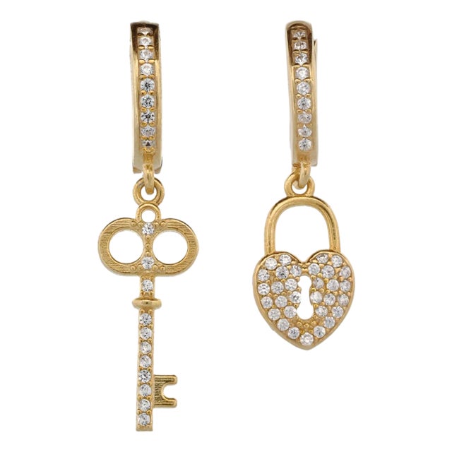 My Heart Is Yours Key & Heart Lock Gold Plated Diamond Earrings, A Pair For Sale