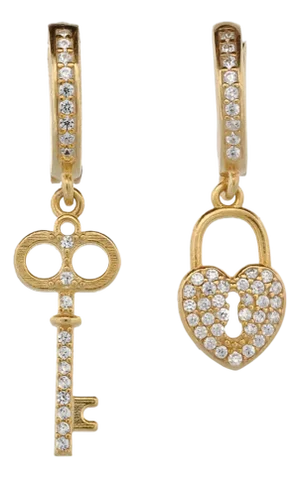 My Heart Is Yours Key & Heart Lock Gold Plated Diamond Earrings, A Pair