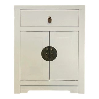 Distressed White Lacquer MoonFace End Table Nightstand Cabinet For Sale