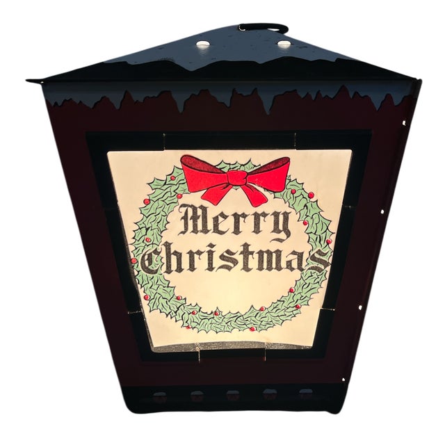 Metal Vintage 1950s Christmas Lanterns With Four Designs, Santa Claus, Christmas Tree and Wreath Lamp - a Pair For Sale - Image 7 of 10