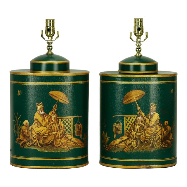 Vintage English Export Tea Caddy Hand-Painted Chinoiserie Figurines Table Lamp.Hand Drawn Table Lamp, Retro Table Lamp For Sale