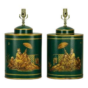 Vintage English Export Tea Caddy Hand-Painted Chinoiserie Figurines Table Lamp.Hand Drawn Table Lamp, Retro Table Lamp