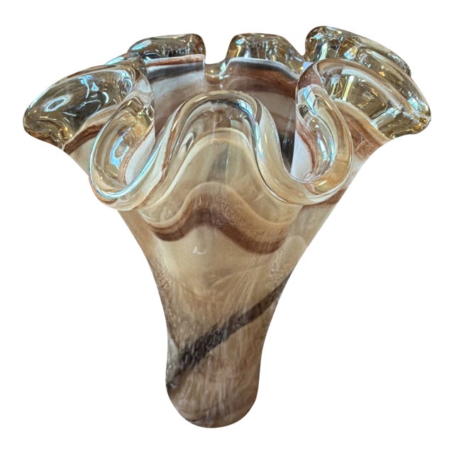 Vintage MCM Murano Style Ruffled Hand Blown Swirl Art Glass Vase For Sale