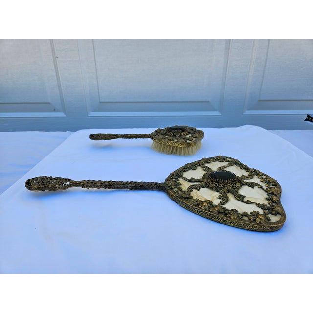 Brass Venetian Brass Filigree Jeweled Mirror and Brush Set For Sale - Image 8 of 17