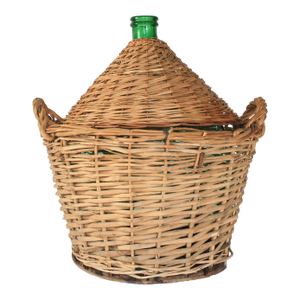 Vintage Italian Hand-Blown Green Glass Demijohn in Woven Wicker Basket