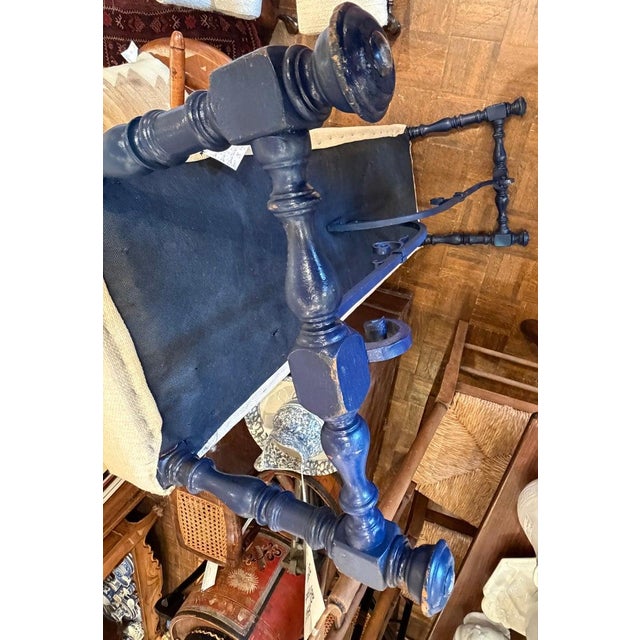 Linen Early 20Thc Blue Painted Base & Linen Covered Seat For Sale - Image 8 of 11