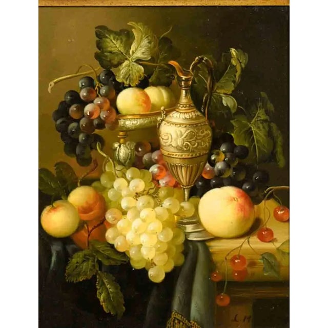 Realism Vintage Still Life Oil on Board Grapes Peach Carafe Painting in Gilt Frame Signed For Sale - Image 3 of 12