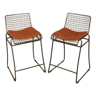 Crate & Barrel Tig Metal Leather Seat Counter Barstools - A Pair For Sale