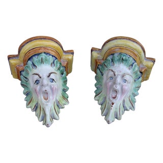 Majolica Shelves with Faces from Laboratorio Pesaro, 1940s, Set of 2 For Sale