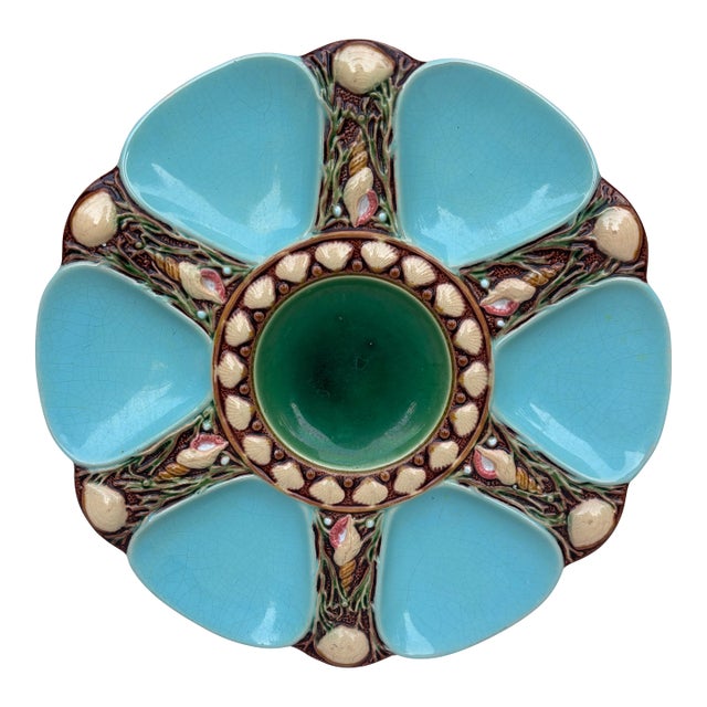 Victorian Majolica Aqua Oyster Plate by Minton, Ceramic, England, 1880 For Sale