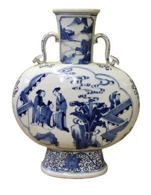 Chinese Blue White Porcelain People Theme Flask Shape Vase