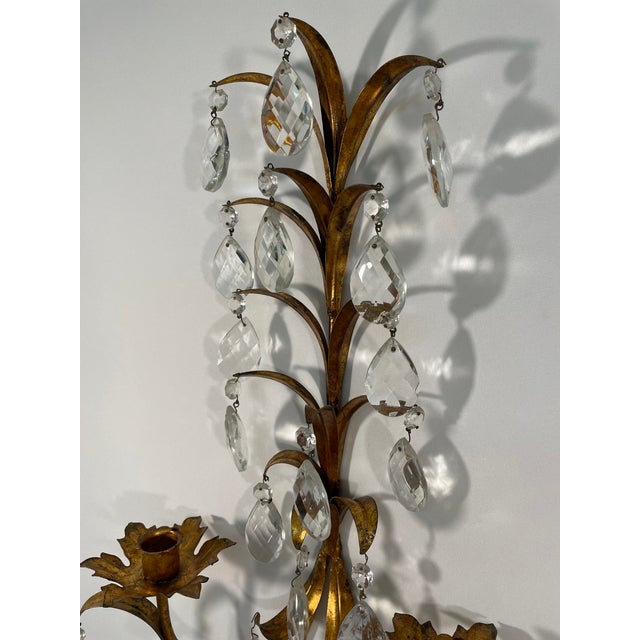 Vintage Mid Century 19" Italian Gilded Tole and Crystals Candle Sconces - A Pair For Sale - Image 6 of 18