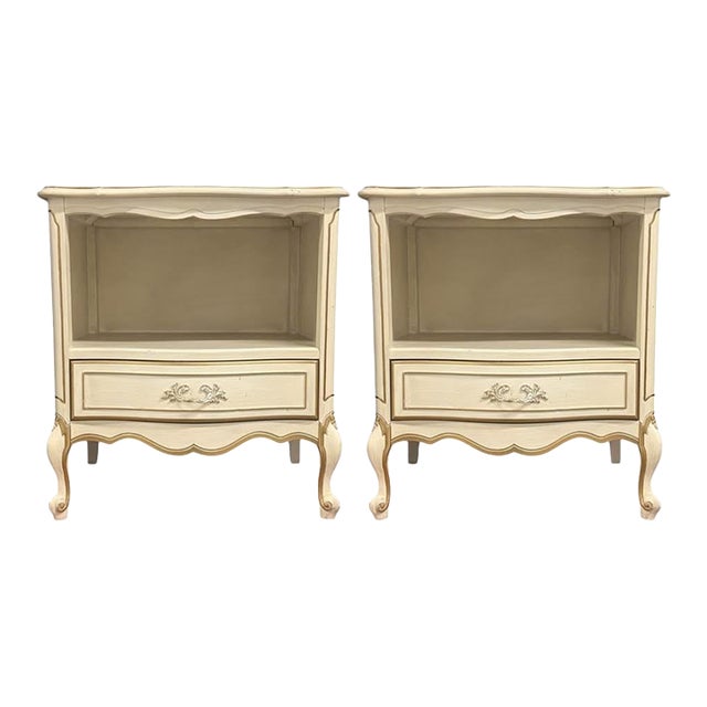 Vintage Mid-Century Rhone Off-White (Cream) & Gold French Provincial 1 Drawer Nightstands - A Pair For Sale