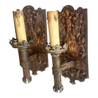 Crowned Phoenix Bird Motif Wall Sconces in Original Old Paints and Patina Circa 1910 - Set of 2 For Sale