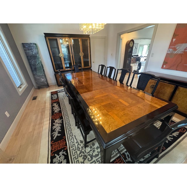 1980s vintage chin hua style dining room table and chairs, including the extra leafs and 10 chairs. This table setting...